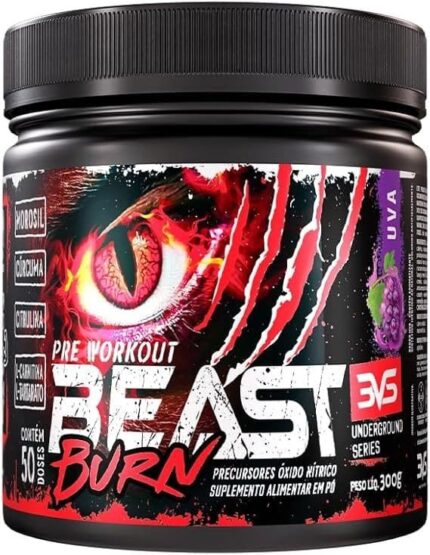 3VS Nutrition Pré-Workout Beast Burn 300g – Suplemento Pré-Treino Fórmula Única com Cafeína, Beta Alanina, L-Carnitina, Citrulina, Morosil® e Cúrcuma – 50 Doses 300gr Sabor Uva