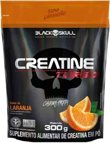 Creatine Turbo BlackSkull - Creatina Monohidratada em pó, com carboidrato para melhor absorção e performance (300g Refil, Laranja)