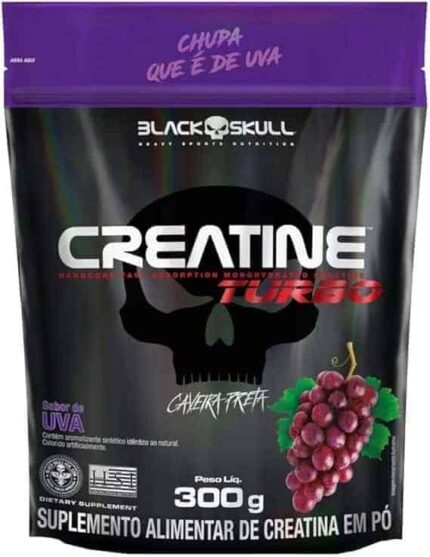 Creatine Turbo BlackSkull - Creatina Monohidratada em pó, com carboidrato para melhor absorção e performance (300g Refil, Uva)