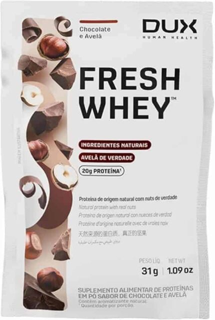 Fresh Whey Protein - Chocolate e Avelã Sachê 31g - 20g de Proteínas por Porção - Suplementos Naturais, Suplementação Treino Academia, Ganho Muscular Hipertrofia - DUX HUMAN HEALTH