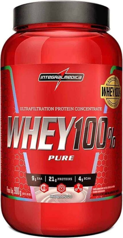 Integralmedica - Whey Protein Concentrado Morango 100% Pure - 21g de Proteína por Scoop, Suplementação Alimentar Pós-Treino, Fórmula Enriquecida com BCAAs - Pote 900g