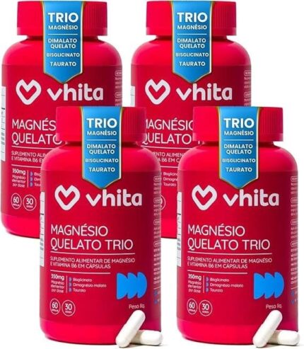 Magnésio Quelato Trio, Dimalato, Bisglicinato e Taurato com Vitamina B6 350mg Vhita 60 Cápsulas (4 unidades)
