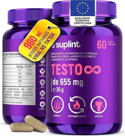 Suplemento para Homens 655 mg com Ácido Aspártico, L-Arginina, Zinco e Licopeno | Fórmula Vegana Sem Glúten | 60 Cápsulas
