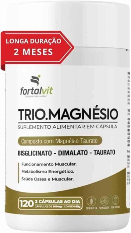 TRIO.MAGNÉSIO - Longa Duração 2 Meses de Uso, Bisglicinato - Dimalato - Taurato, 260mg Alta Concentração,120 Cápsulas, Fortalvit
