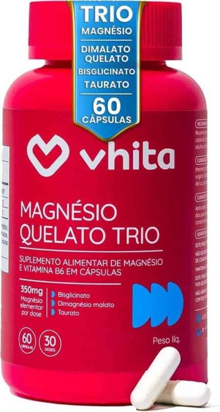 Vhita Magnesio Quelato Trio, Dimalato, Bisglicinato e Taurato, com Vitamina B6, 60 Cápsulas