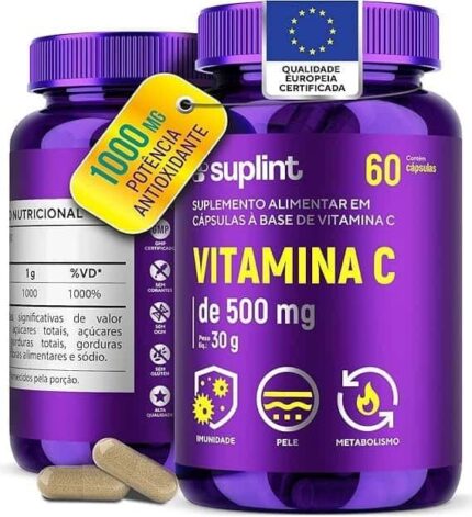 Vitamina C 1000 mg por Dia (2 Cápsulas) | Suplemento Vitamínico | Cápsulas Veganas, Sem Glúten e Não Transgênico – 60 Cápsulas
