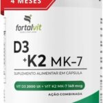 Vitamina D3 + K2 Longa Duração: 4 Meses Uso, 2000UI D3, 149mcg Vitamina K2 MK-7, 120 Cápsulas, Fortalvit