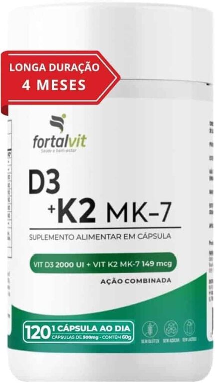 Vitamina D3 + K2 Longa Duração: 4 Meses Uso, 2000UI D3, 149mcg Vitamina K2 MK-7, 120 Cápsulas, Fortalvit